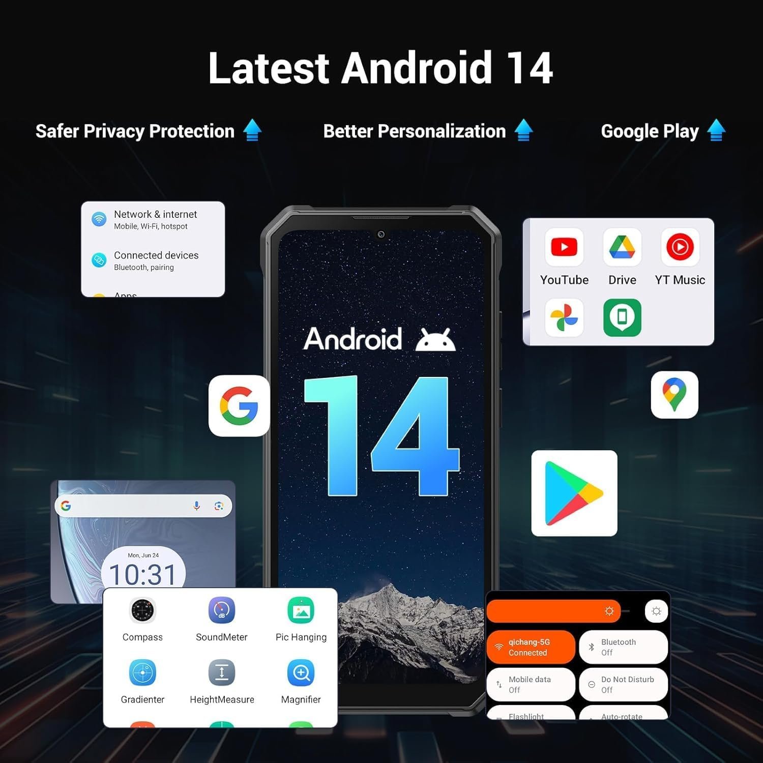FOSSiBOT F105 Smartphone Incassable Android 14, 6.745" HD+ écran Smartphone Etanche, 10300mAh Telephone Portable Incassable, 12Go(4+8)+64Go/128Go Extensible, 20MP+8MP/4G-Dual SIM/OTG/GPS/Face ID – Image 3