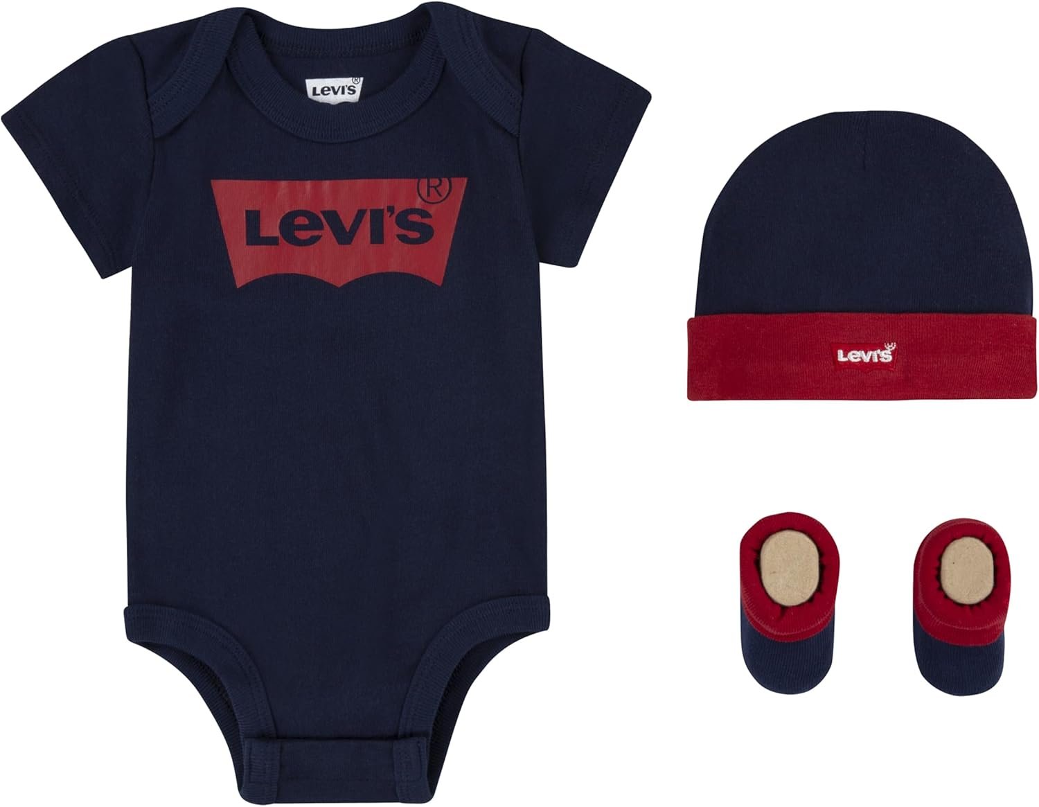 Levi's Classic Batwing Infant Hat Bodysuit Bootie Set 3pc Footies Bambins (Lot de 3) Bébé garçon