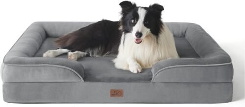 Bedsure Panier Chien Grande Taille – Canapé Chien Orthopedique et Dehoussable, Lit pour Chien Lavable, Anti-dérapant et Ultra Doux Gris, Taille 89x63x16 cm