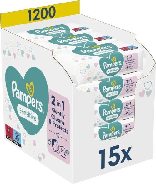 Pampers Sensitive, 1200 Lingettes pour Bébé (15×80), Sans Alcool ni Parfum, Certifié OEKO-TEX, Pour Une Toilette Douce Et Délicate