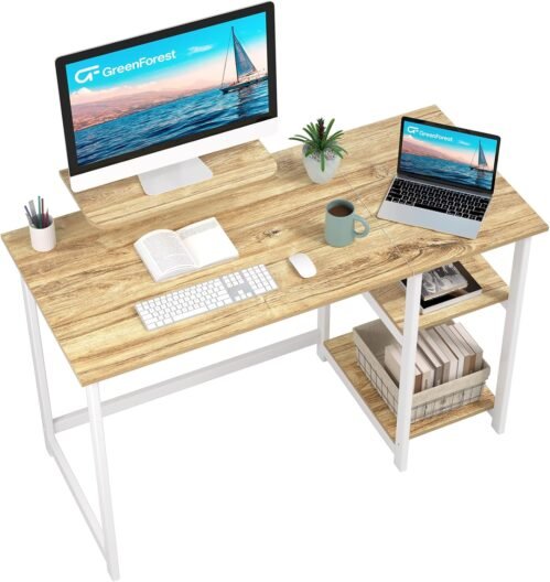 GreenForest Bureau avec Rangement,Petite Bureau d’Ordinateur avec Support de Moniteur, Bureau Gaming avec Étagères de Réversibles, 100cm Bureaux à Domicile et Postes de Travail Informatiques,Beige