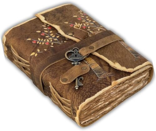 Urban Leather Journal intime avec motif arbre de vie, feuilles de cœur, pages rustiques, anciennes et anciennes, couverture en cuir, journal intime imprimé, papier vierge vierge