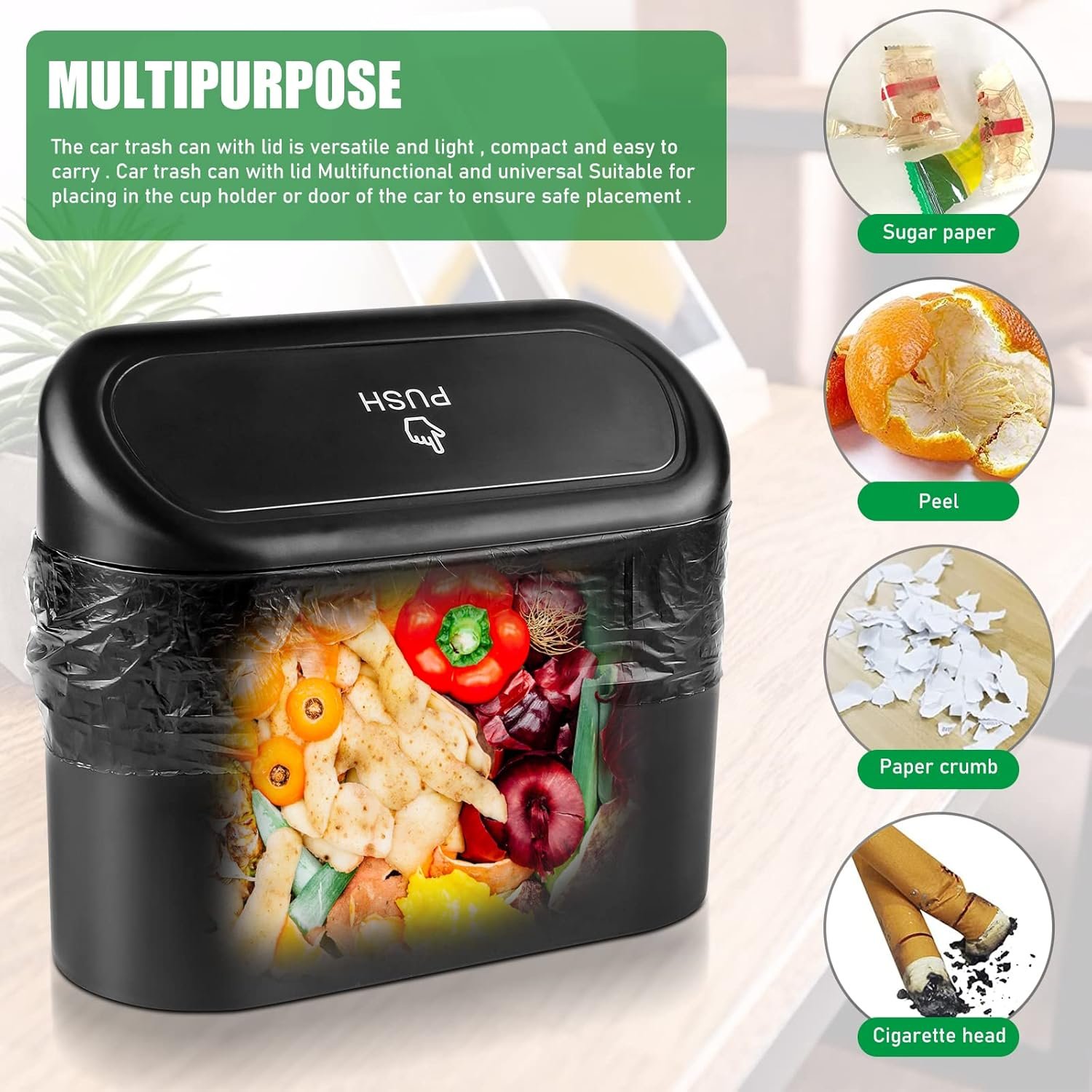 Poubelle de voiture - Avec 120 sacs poubelle de voiture - Petite poubelle multifonction avec couvercle - Boîte de rangement suspendue pour voiture, maison, bureau, cuisine – Image 4