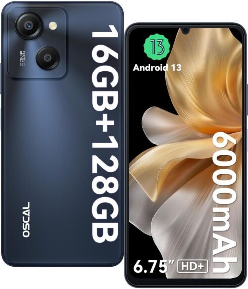 OSCAL Modern 8 Telephone Portable 6000mAh/18W, Écran 6,75″ HD+ 90Hz Smartphone, 16Go+128Go/TF 1To Smartphone Pas Cher, 50MP+8MP, Android 13, 4G Dual SIM/Octa Core/Fingerprint/GPS/OTG/2Ans Garantie
