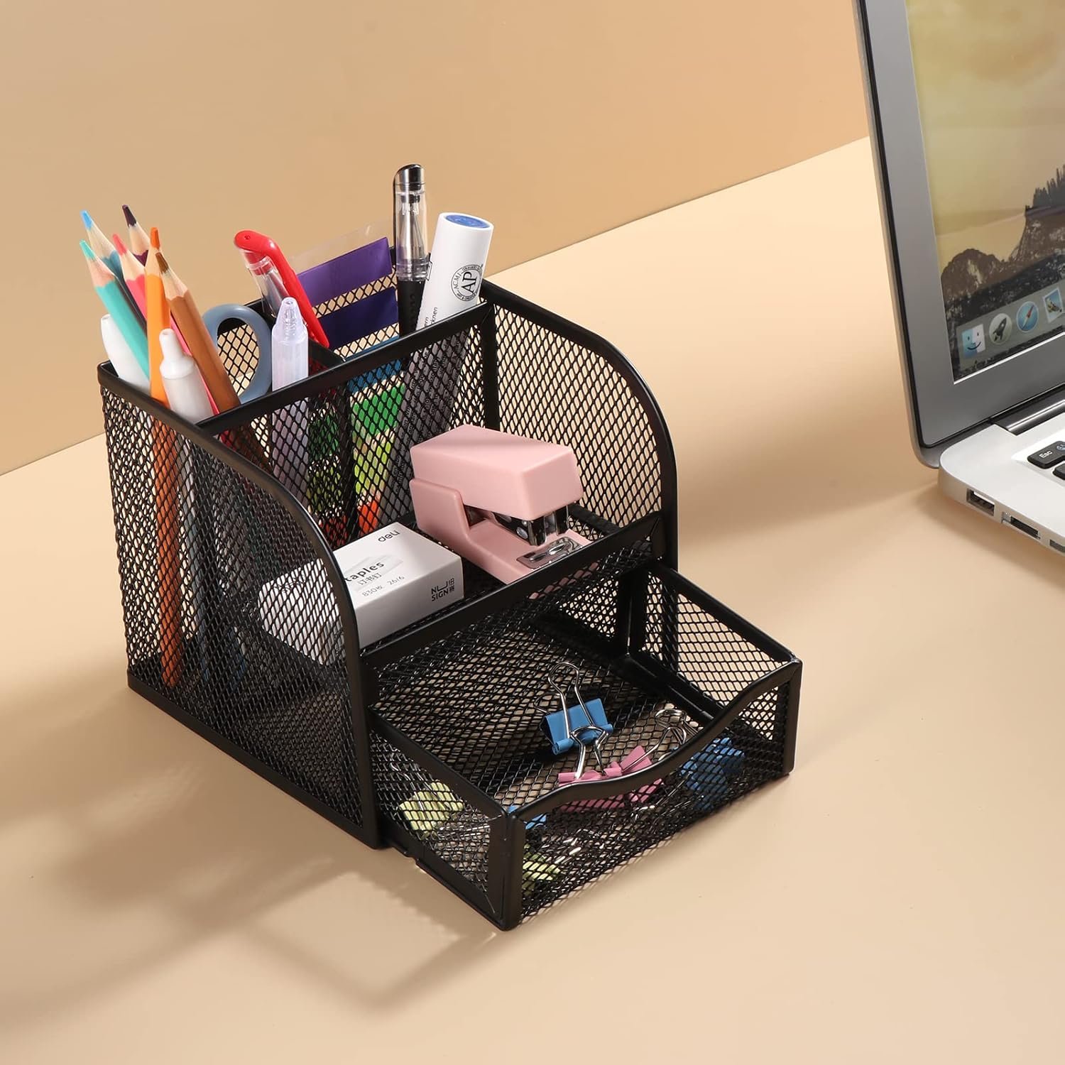 Vinabo Rangement Bureau, Organisateur de Bureau en Filet MéTallique, Pot a Crayon Bureau avec 4 Compartiments de Tri, Porte Stylo Peu Encombrant avec Tiroir Coulissant pour Papeterie, Maison, école – Image 7