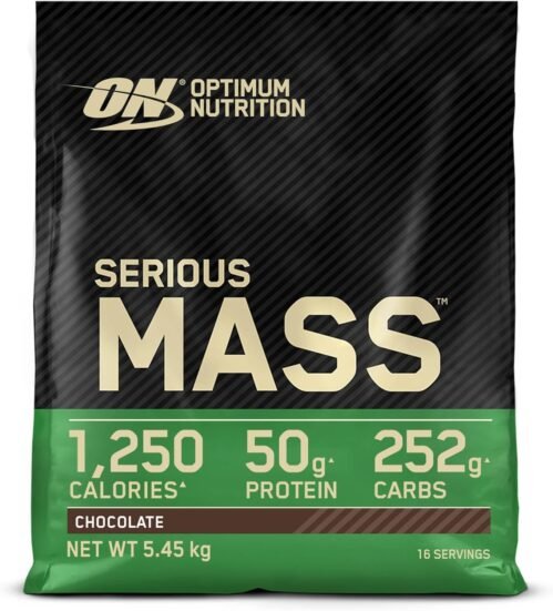 Optimum Nutrition Serious Mass Poudre de Protéine Gain de Masse Hautement Calorique avec 25 Vitamines et Minéraux, Créatine Monohydrate et Glutamine, Saveur Chocolat, 16 Portions, 5.45 kg