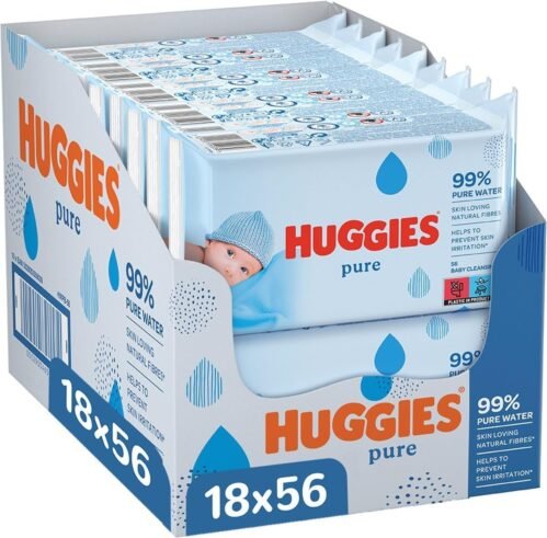 Huggies lingettes bébé Pure – 18 paquets de 56 lingettes (1008 lingettes) – 99% d’eau pure – sans parfum – fibres naturelles – nettoyage en douceur