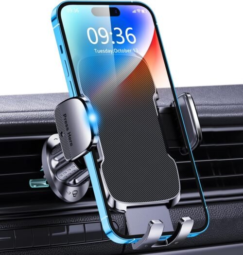 Glangeh Support Telephone Voiture Grille Aération, [2025 Clip Amélioré] Rotatif à 360°, Porte Telephone Voiture avec Bouton de Libération, Montages Intérieurs Compatible avec iPhone 16 Pro Max (4″-7″)