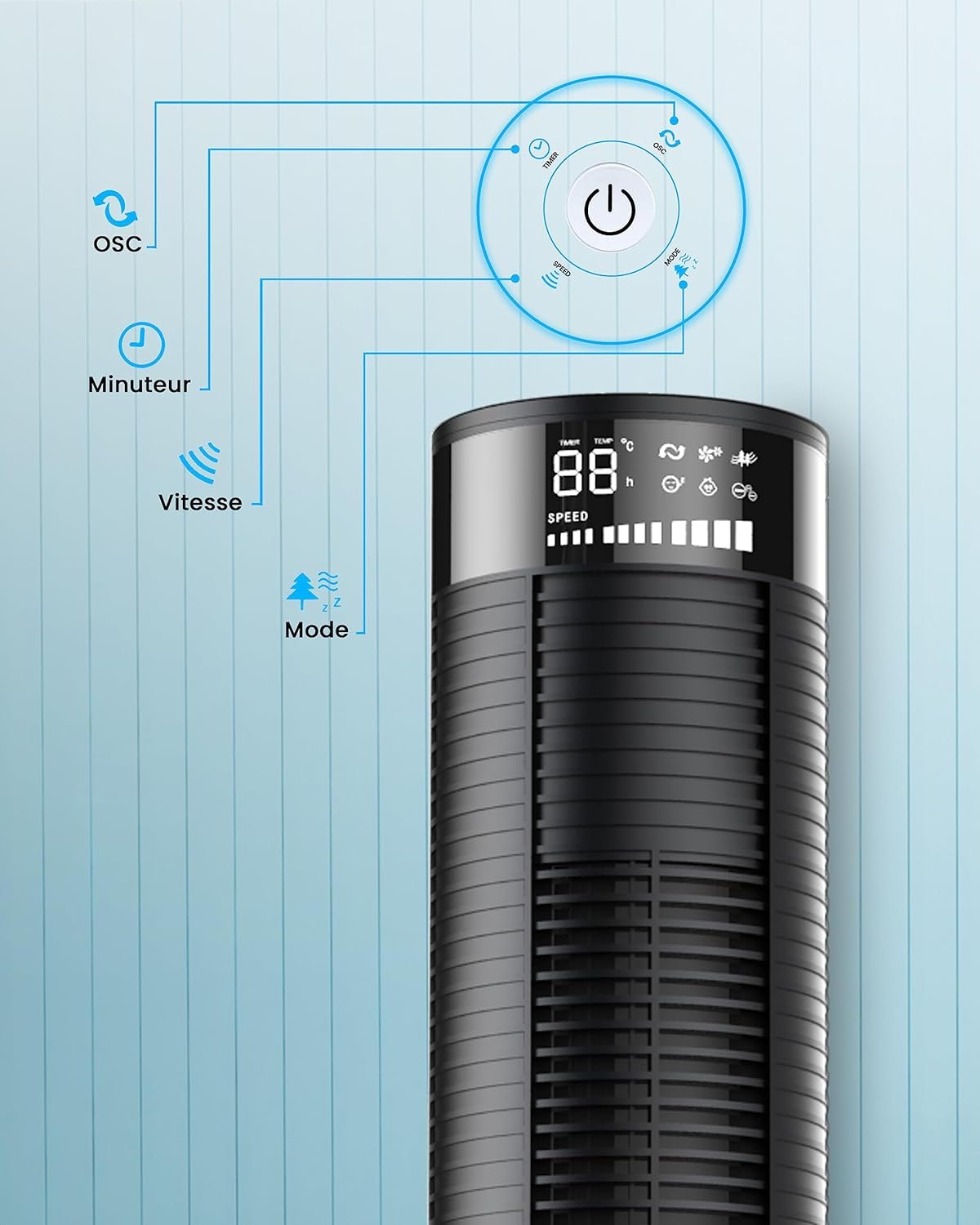 PureMate Ventilateur de refroidissement oscillant 117 cm avec télécommande, 3 vitesses de ventilation, 4 modes, minuterie 12-H, ventilateur sans lame silencieux 45 W pour la maison – Image 7