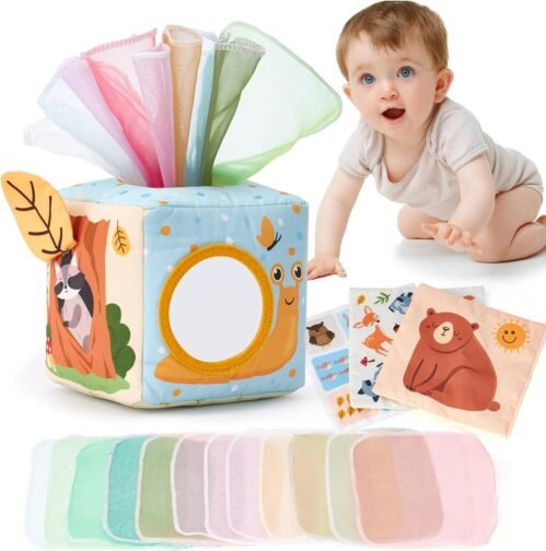 hahaland Jouet Bebe 6 Mois Mouchoirs Papier Boite, Jouet Sensoriels Montessori Aves Papiers Froissés et Boîte à Tissus Cadeau pour Bébé Fille Garcon 3 6 9 12 Mois