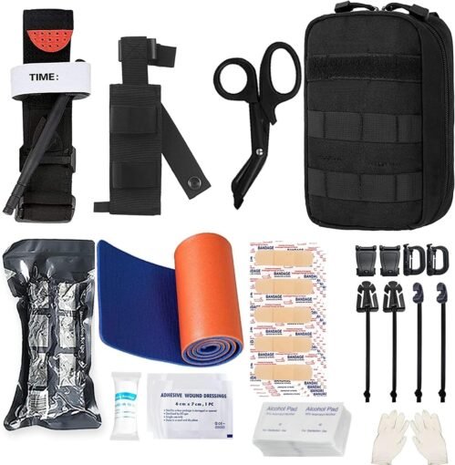 D’urgence Survie Kits, Tactique Militaire Traumatisme Trousse de Premiers soins, molle EMT IFAK Poche Outdoor Gear Garrot Bandage Saignement Contrôle Kit pour Camping Randonnée Chasse Voyage (Noir)