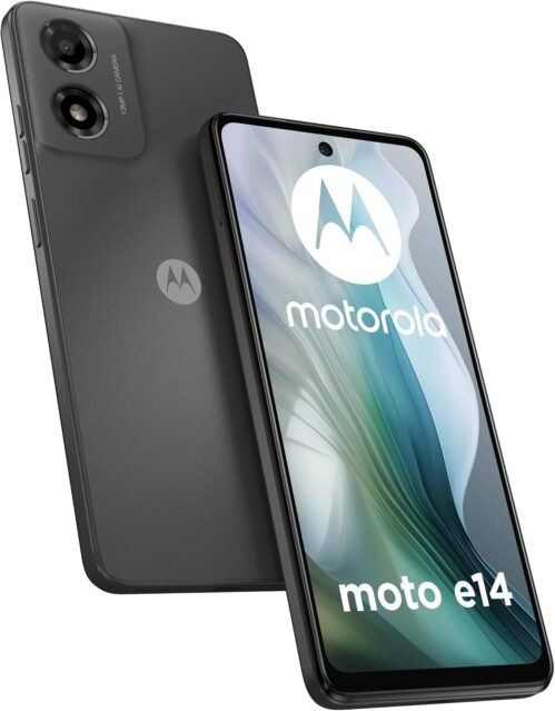 Motorola Moto E14 (2/64 Go, Batterie 5000 mAh, écran 6,56′ HD+ 90 Hz, Appareil Photo 13MP, processeur UNISOC® T606, Dual SIM, Android 14 (Go Edition)), Gris Anthracite