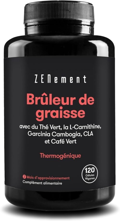 Bruleur de Graisse Puissant Homme Femme – Coupe Faim Puissant et Efficace Perte de Poids – Fat Burner – Thé Vert, Guarana, L-Carnitine, CLA et Café Vert – 120 Gélules – Zenement