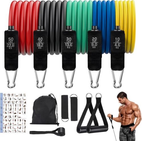 FAOKZE Lot de 5 Bandes de Fitness,Set de Bandes de résistance avec ancrage de Porte,poignées,Sangles de Cheville,Sac de Transport,Bandes de résistance pour Fitness/Stretching/Pilates
