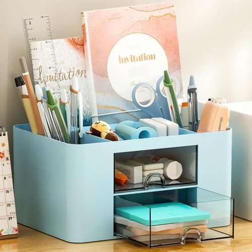 MOOKLIN ROAM Organisateur de Bureau Multifonctionnel, Rangement en Plastique avec 5 Compartiments, 2 Tiroirs Coulissants, Organisateur de Maquillage Boîte à Cosmétique pour Maison École Bureau (Bleu)