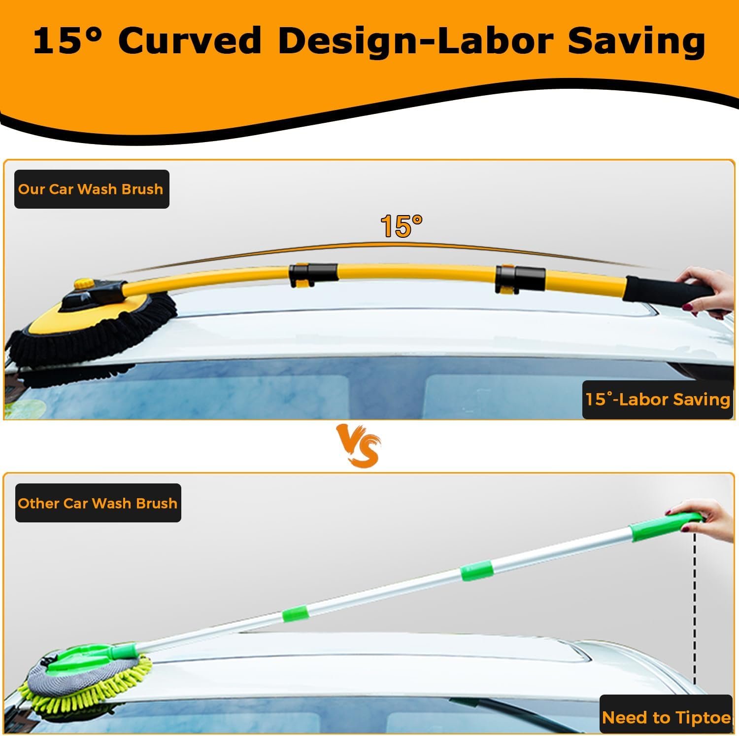 Courbé 15° Brosse Lavage Voiture Manche Telescopique 43" Balai Nettoyage Pinceaux Kit Detailing Camping Car Camion Accessoires Extérieur Intérieur Anti Rayure Wash Brush – Image 2