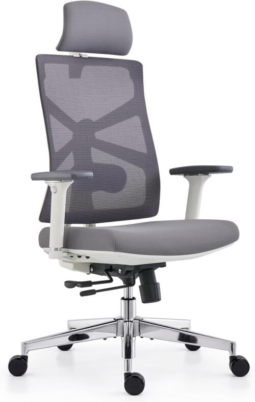 HOLLUDLE Chaise de Bureau Ergonomique avec Dossier Adaptable, Fauteuil D’ordinateur avec Accoudoirs 4D, Profondeur D’assise Réglable, Soutien Lombaire et Appui-tête 2D, Siège de Travail, Blanc