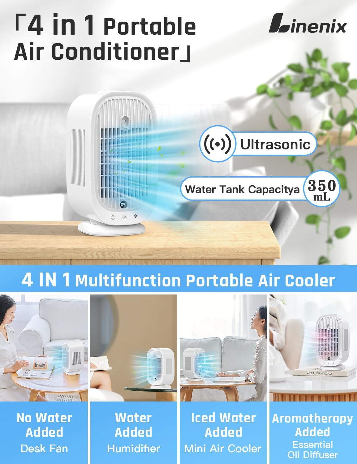 Climatiseur Mobile, Climatiseur Portable, Refroidisseur d'air 4 en 1, 45°/90°/120° Oscillation, 5 Vitesses, 2 Modes de Brume, Mini Climatiseur avec affichage LED, Idéal pour Maison, Bureau – Image 5