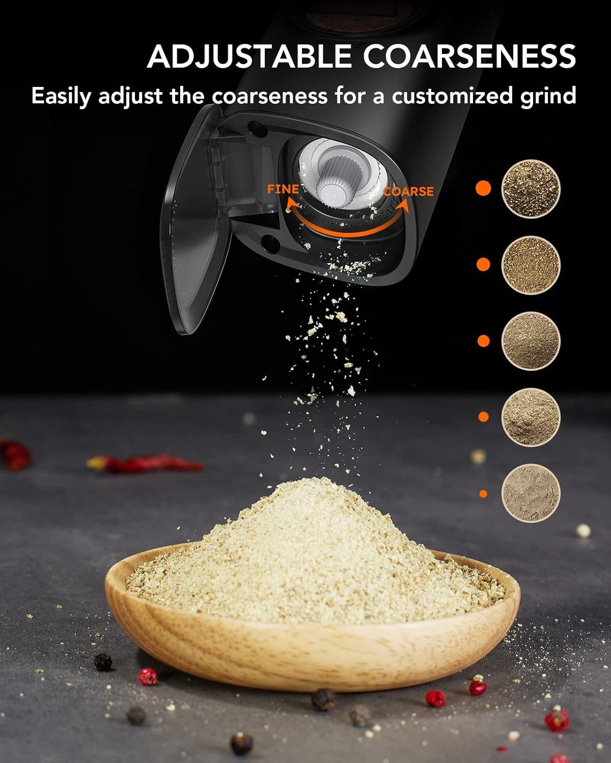 FORLIM Moulins Sel et Poivre Electrique, Rechargeable USB avec Double Base de Chargement, Grossièreté Réglable, Couvercles Anti-Poussière Auto + Lumière LED, Opération à une Main, Lot de 2(Noir) – Image 6