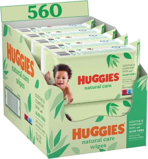 Huggies lingettes bébé Natural Care – 10 paquets de 56 lingettes (560 lingettes) – fibres absorbantes naturelles – hypoallergéniques – sans alcool – à l’aloé vera – évite les irritations