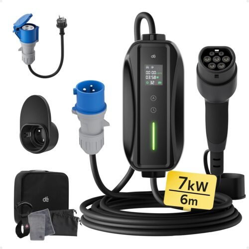 Chargeur Voiture Electrique P17 [7,4kW, 1-Phase, 6m, 6A/10A/16A/20A/24A/32A] dé Type 2 Prise CEE Chargeur EV Station de Charge Mobile/Wallbox avec écran Numérique