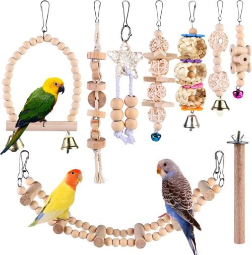 Jouets pour Oiseaux – Jouets à Mâcher pour Oiseaux, Lot de 9 Jouet Perroquet en Bois Naturel, Échelles, Balançoires, Cloches, Jouet pour Perroquet,Oiseaux,Perruches,Petite Aras,Oiseaux Inséparables