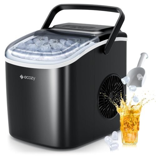 ecozy Machine à Glaçons, 9 Glaçons en 6 Minutes, 2 Tailles de Glaçons, Machine a Glacons Autonettoyante, 12KG en 24 Heures, Machine a Glaçons Portable Pour la Maison/Fête/Cuisine/Bar-Noir
