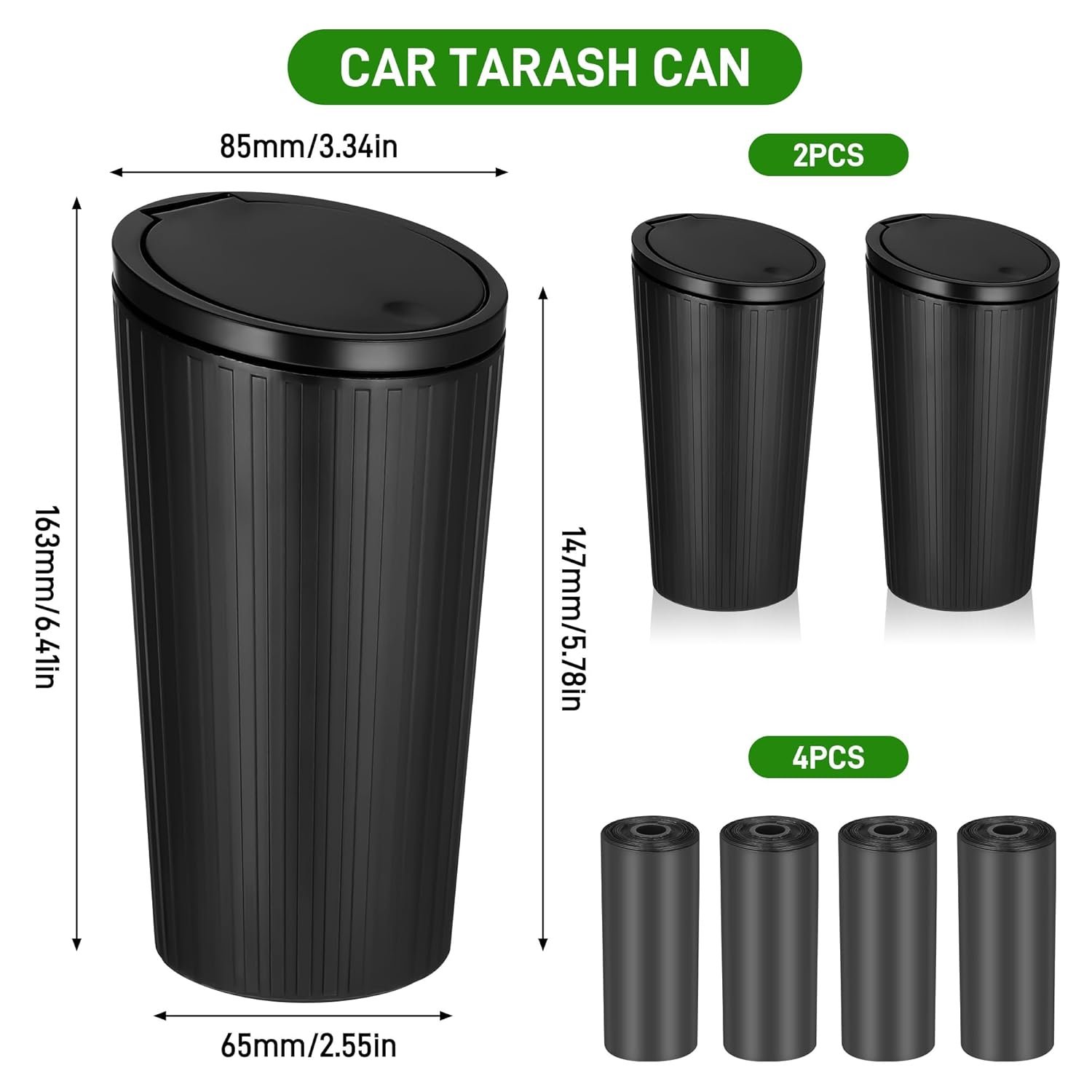 Yimomoyi 2 Pièces Poubelle Voiture, Poubelle de Voiture avec Couvercle, Mini Poubelle Voiture Interieur, Portable Poubelle de Voiture Imperméable avec 4 Rouleaux de Sacs Poubelles(Noir) – Image 2