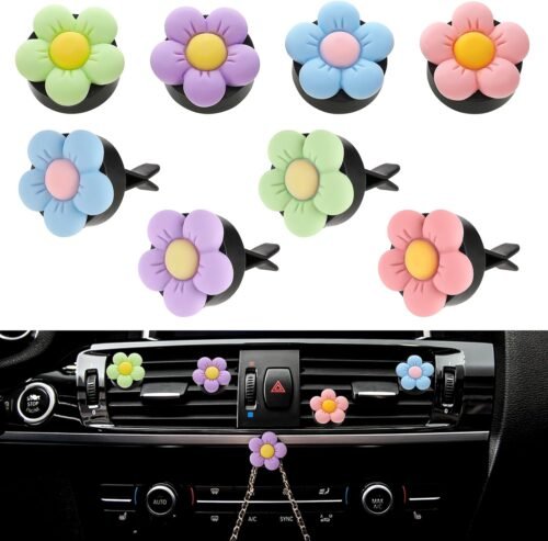 Tyqour Lot de 8 désodorisants de voiture en forme de marguerite – Accessoires de voiture – Accessoires de décoration de voiture pour femme – Décoration de voiture(rose+bleu+violet+vert)