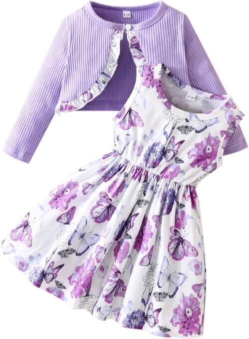 Yoolhamy Ensemble Robe et Cardigan pour Bébé Fille Toddler Girl Floral Print Sleeveless Dress and Long Sleeve Coat 2Pcs Outfits