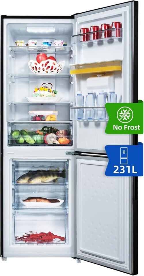 CHIQ Réfrigérateur congélateur bas FBM228NE4DE 231L (161 + 70) Froid ventilé, No Frost, Acier inoxydable noir, portes réversibles, 42 db, 12 ans de garantie sur le compresseur