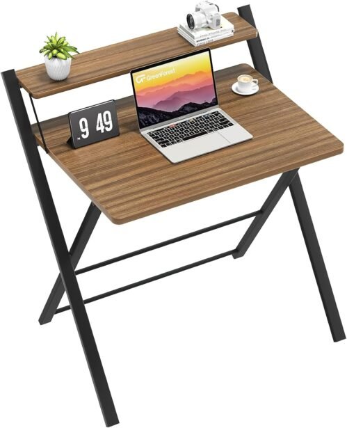 GreenForest Petit Bureau Pliant 82cm, Table Pliable Gaming avec à 2 Niveaux Rangement, Mini Bureau d’Ordinateur PC Portable pour Petit Espace, Bureau à Écriture pour Poste de Travail,Noyer