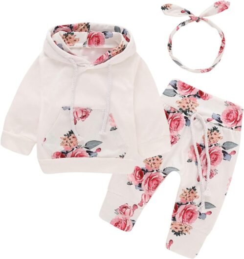 puseky Nouveau-né bébé Fille Manches Longues Floral Sweat à Capuche Tops + Pantalons Vêtements Tenues