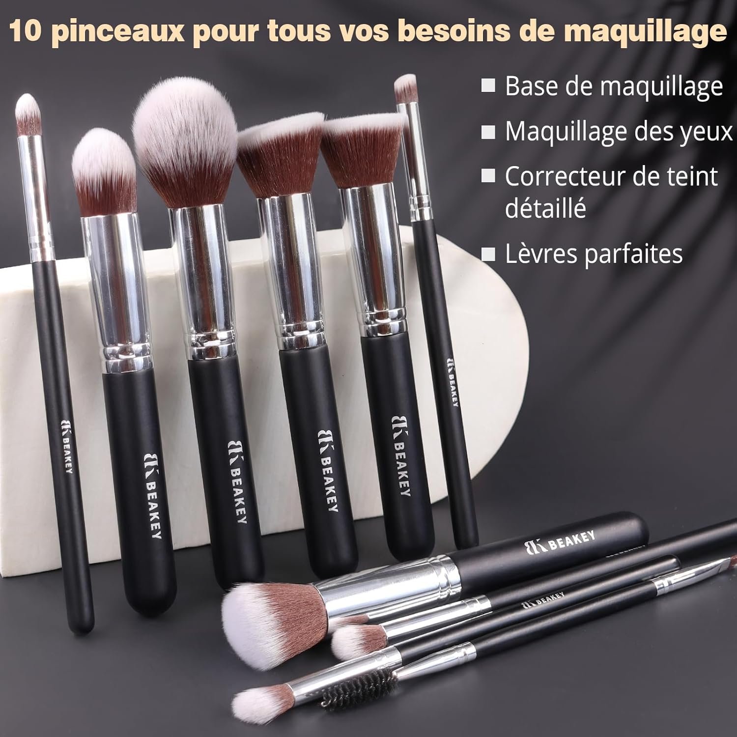 BEAKEY Pinceaux Maquillages Professionnel, Pinceau Maquillage Pour Fond de Teint Blush L'anti-cernes Fard à Paupières Poudre Libre, Avec Blender Eponge(10+2pcs, Noir/Argent) – Image 3