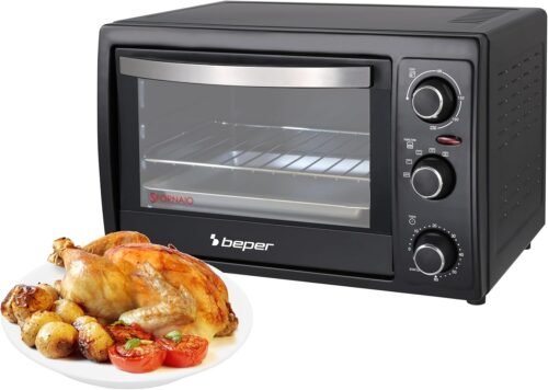 BEPER 90.884 Four Électrique Ventilé, 1300 W, 30 Litres, Double Verre trempé, 4 fonctions de cuisson, Noir