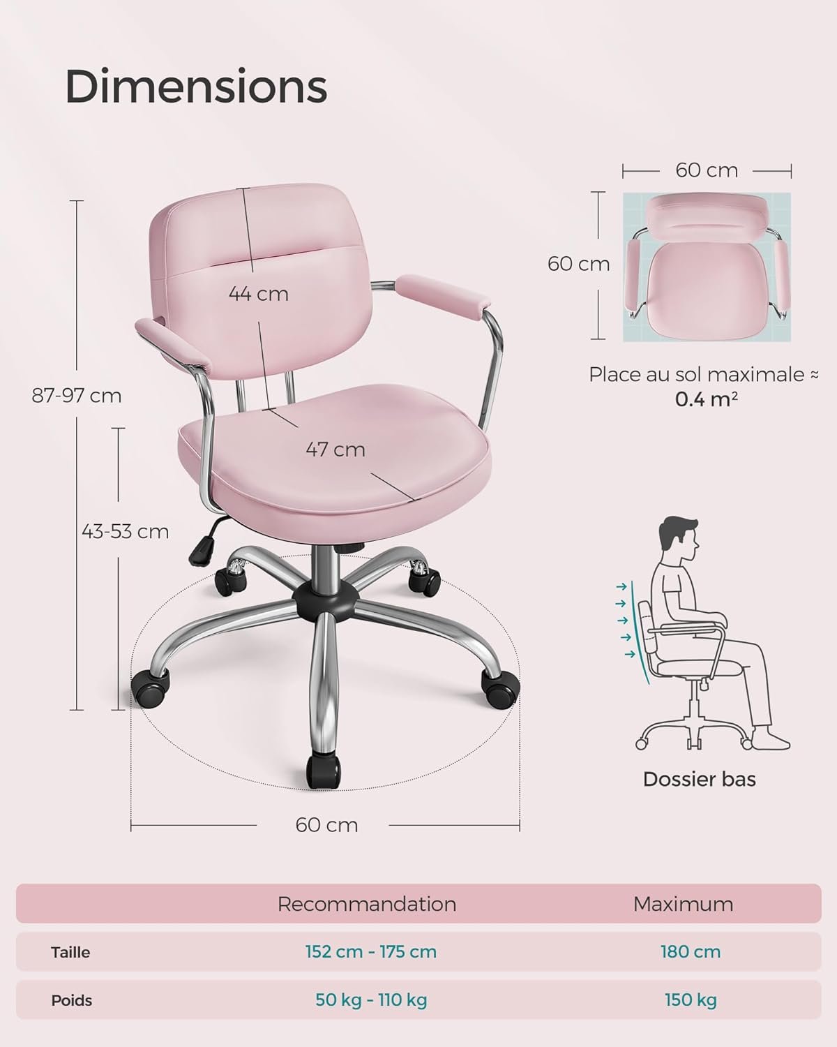 SONGMICS Chaise de Bureau Pivotante, Fauteuil de Bureau en PU, Ergonomique, Structure des Accoudoirs Individuelle, Mécanisme à Bascule, Hauteur Réglable, Chambre, Bureau, Rose Bonbon OBG033P01 – Image 3