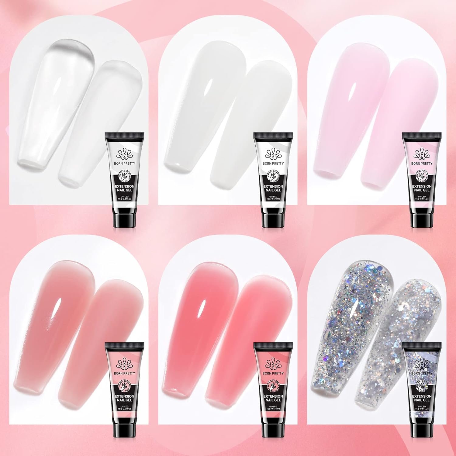 Ongle Gel Kit Complet avec Lampe 145PCS, 6 Couleurs Poly Extension Gel Nail Art Set, Rose Blanc Pailleté Vernis Semi Permanent, Base et Top Coat + Faux Ongles pour Nail Manucures Débutant Starter Kit – Image 2