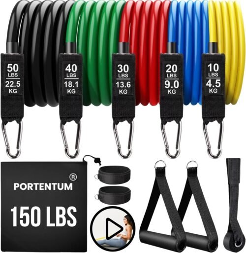 PORTENTUM Elastique Musculation avec 5 Niveaux différents allant jusqu’à 150 lbs (68 kg), Idéales pour de TRX ou d’un Gymnase à Domicile, Multicolore