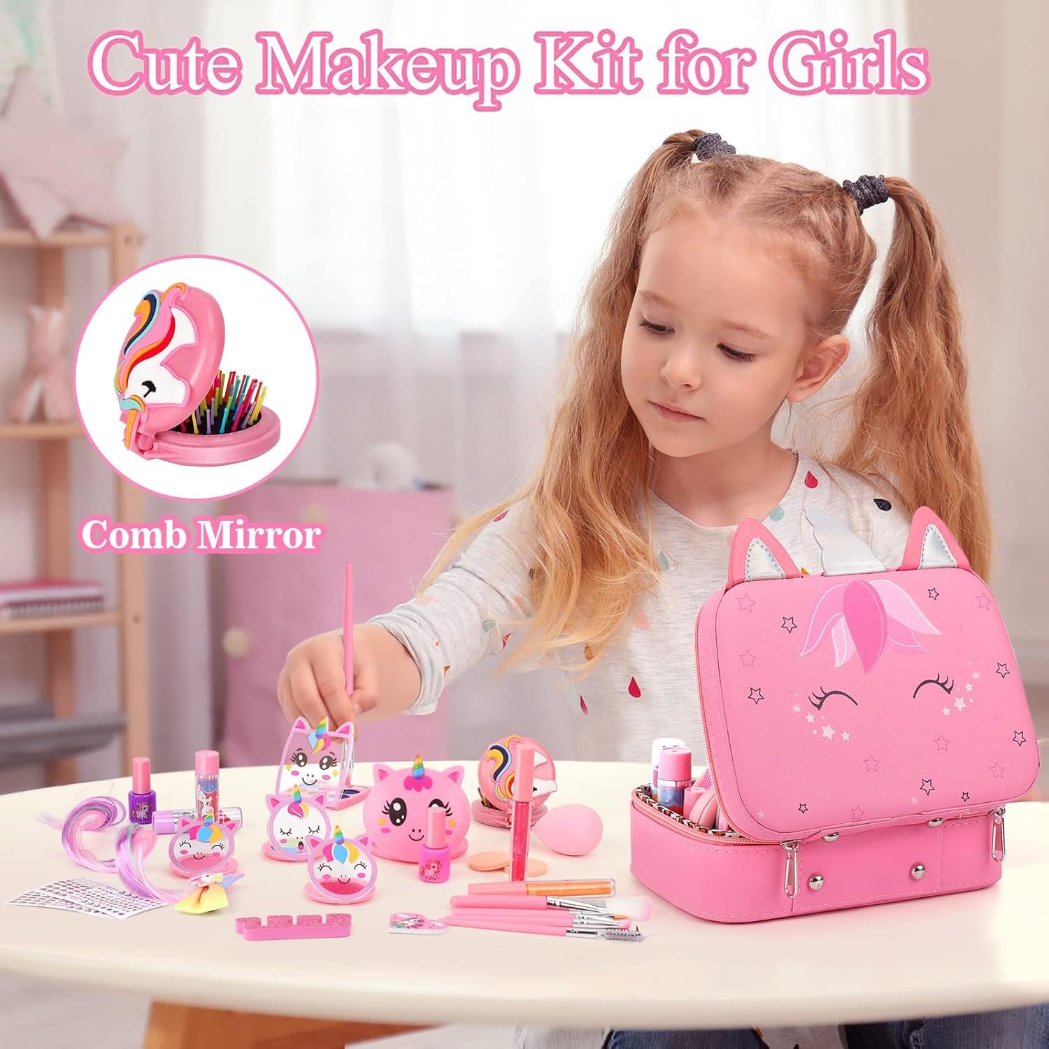 Flybay Maquillage Enfant Jouet Filles, Lavable Malette Maquillage Jouet pour Enfant, Coffret Maquillage Enfant Filles Makeup Set, Cadeau de Noël Anniversaire Jouet pour Princesse Fille 3 4 5 6 7+ Ans – Image 4