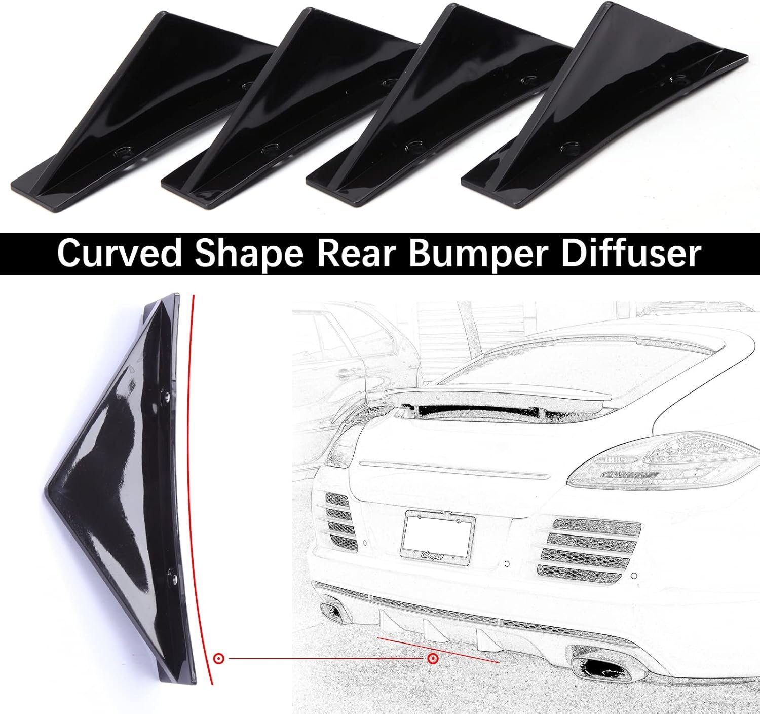 JMTBNO 4 Pièces Aileron de Pare-chocs Arrière de Voiture Universel Brillant Noir Auto Pare-chocs Arrière Lèvre Diffuseur Spoiler de Requin Arrière Forme Arquée Séparateur Accessoires – Image 3