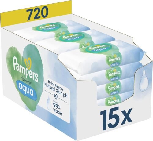 Pampers Harmonie Aqua, 720 Lingettes pour Bébé (15×48), Sans Platisque, Certifié OEKO-TEX, Protection De La Peau Délicate Avec 99% D’Eau, Aide à restaurer le pH naturel de la peau