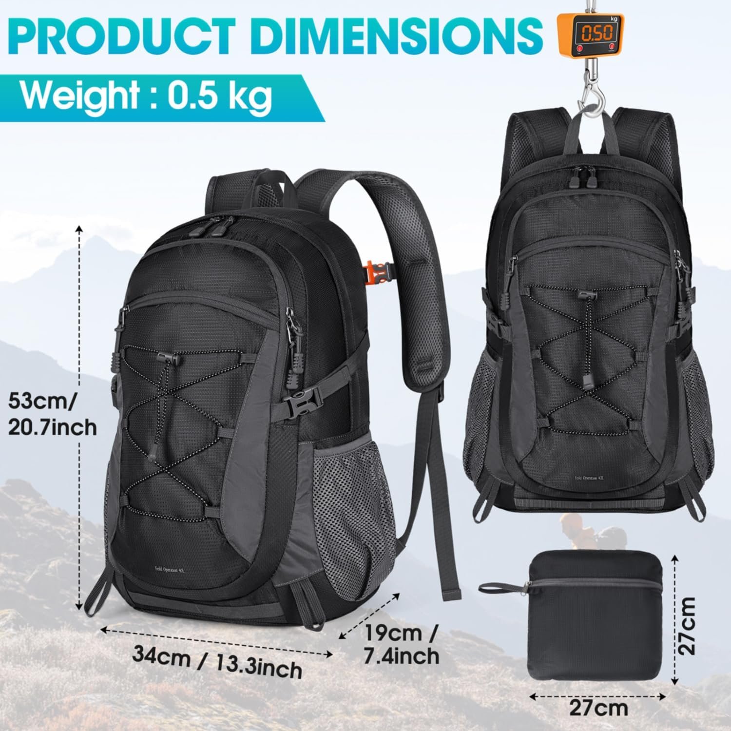 RAINSMORE Sac à Dos Randonnée 40L Ultra Léger Pliable Sac à Dos Voyage Homme Femme Imperméable Sac à Dos Trekking Grande Capacité pour Alpinisme Escalade Sport Camping – Image 3