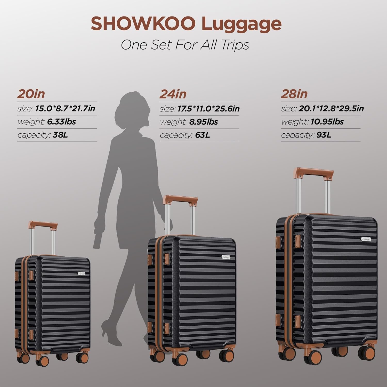 SHOWKOO Set Valise 3 de Voyage Rigide Cabine Extensible 100% PC Grande Taille Sets de Bagages à 360° roulettes Pivotantes Silencieuses et Serrure TSA (M L XL-Noir Élégant) – Image 9