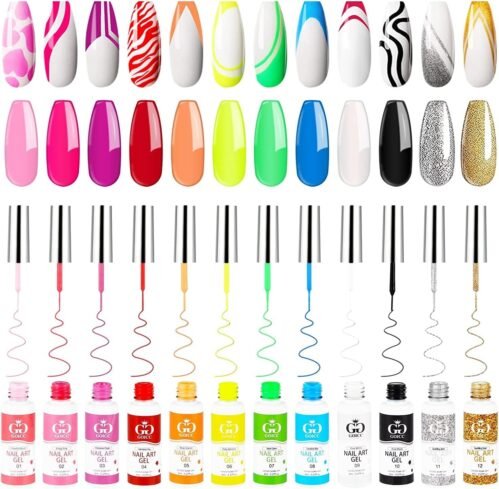 Ensemble De Vernis à Ongles Gel Liner Kit D’art D’Ongles Pour La Conception D’Ongles Vernis Gel Art Peinture Pour Ongles 12 Couleurs Rose Vert Bleu Orange Gel Vernis à Ongles Avec Pinceau Fin