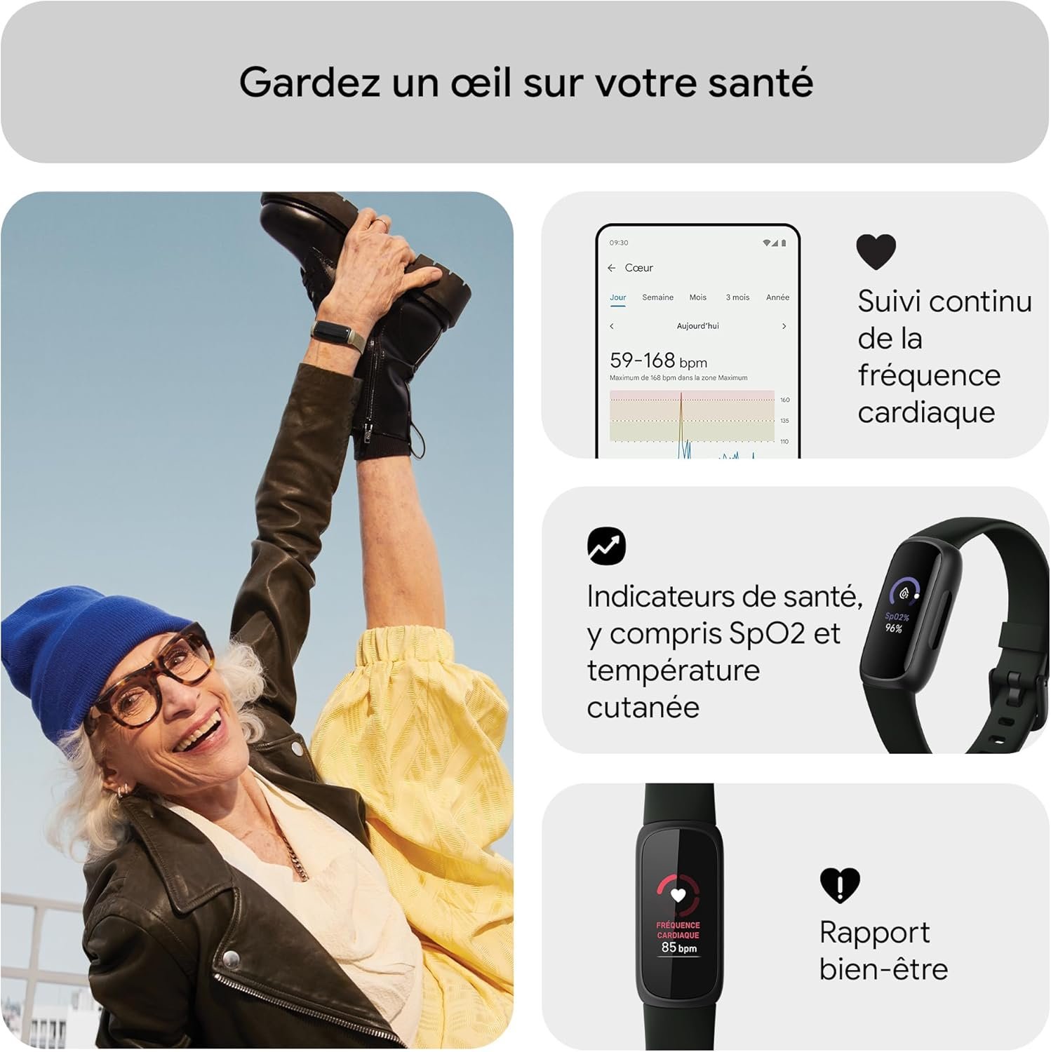 Google Fitbit Inspire 3 Bracelet d’activité sport et santé avec jusqu’à 10 jours d’autonomie de batterie et compatible avec Android et iOS, Parme – Image 6