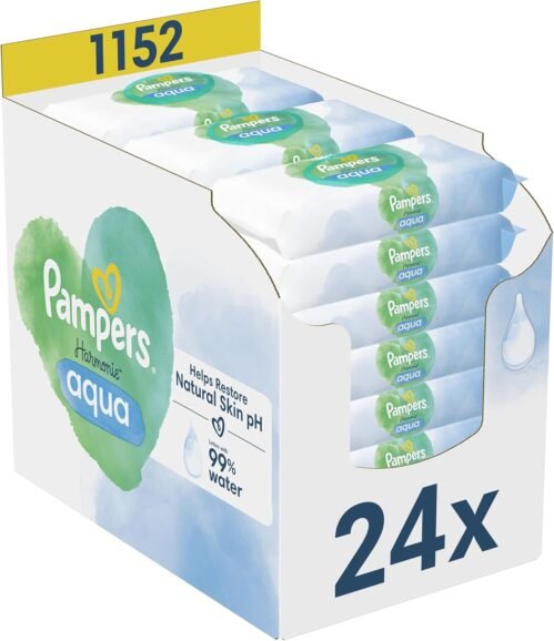 Pampers Harmonie Aqua, 1152 Lingettes pour Bébé (24×48), Sans Plastique, Certifié OEKO-TEX, Protection De La Peau Délicate Avec 99% D’Eau, Aide à restaurer le pH naturel de la peau