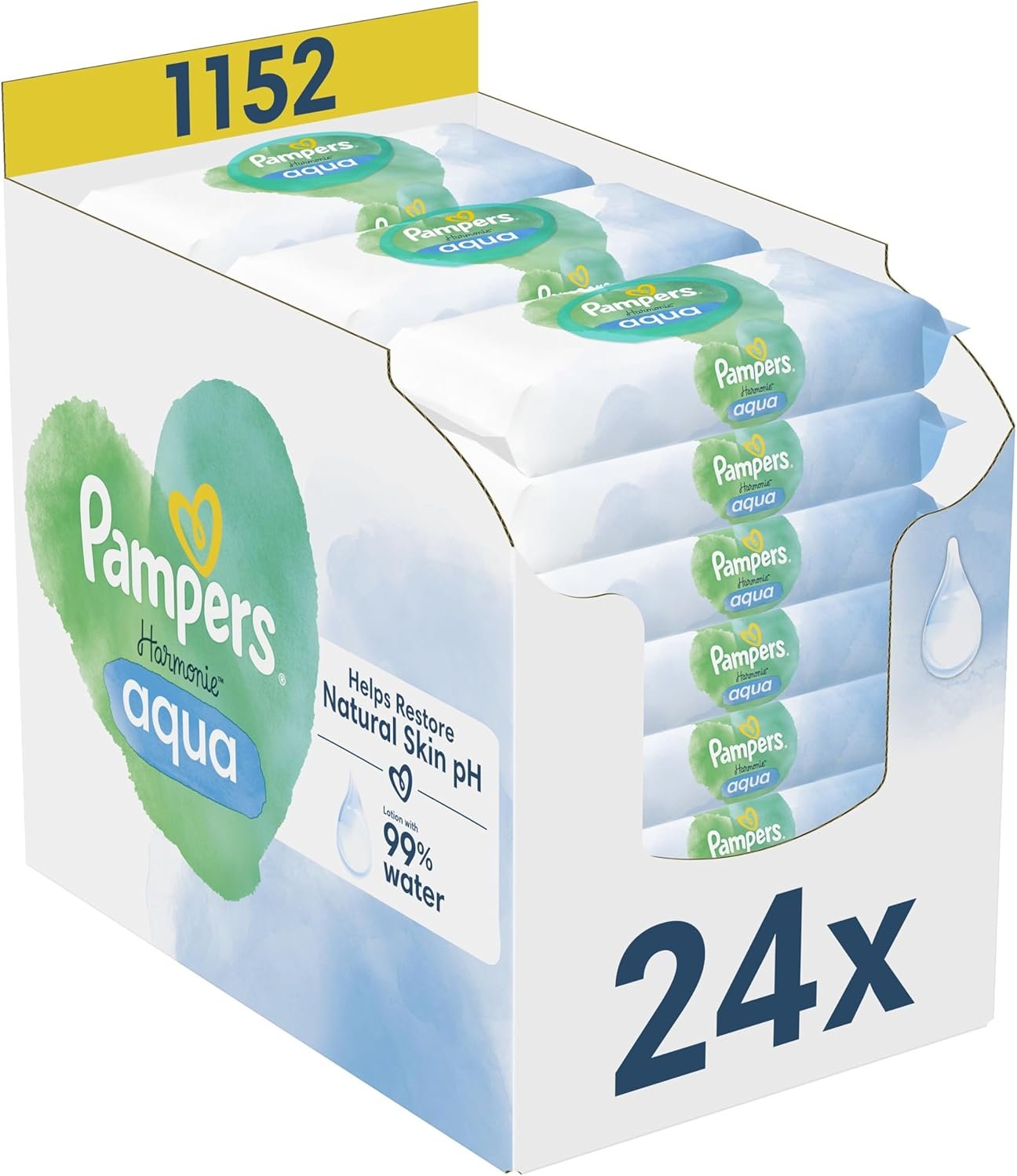 Pampers Harmonie Aqua, 1152 Lingettes pour Bébé (24x48), Sans Plastique, Certifié OEKO-TEX, Protection De La Peau Délicate Avec 99% D’Eau, Aide à restaurer le pH naturel de la peau