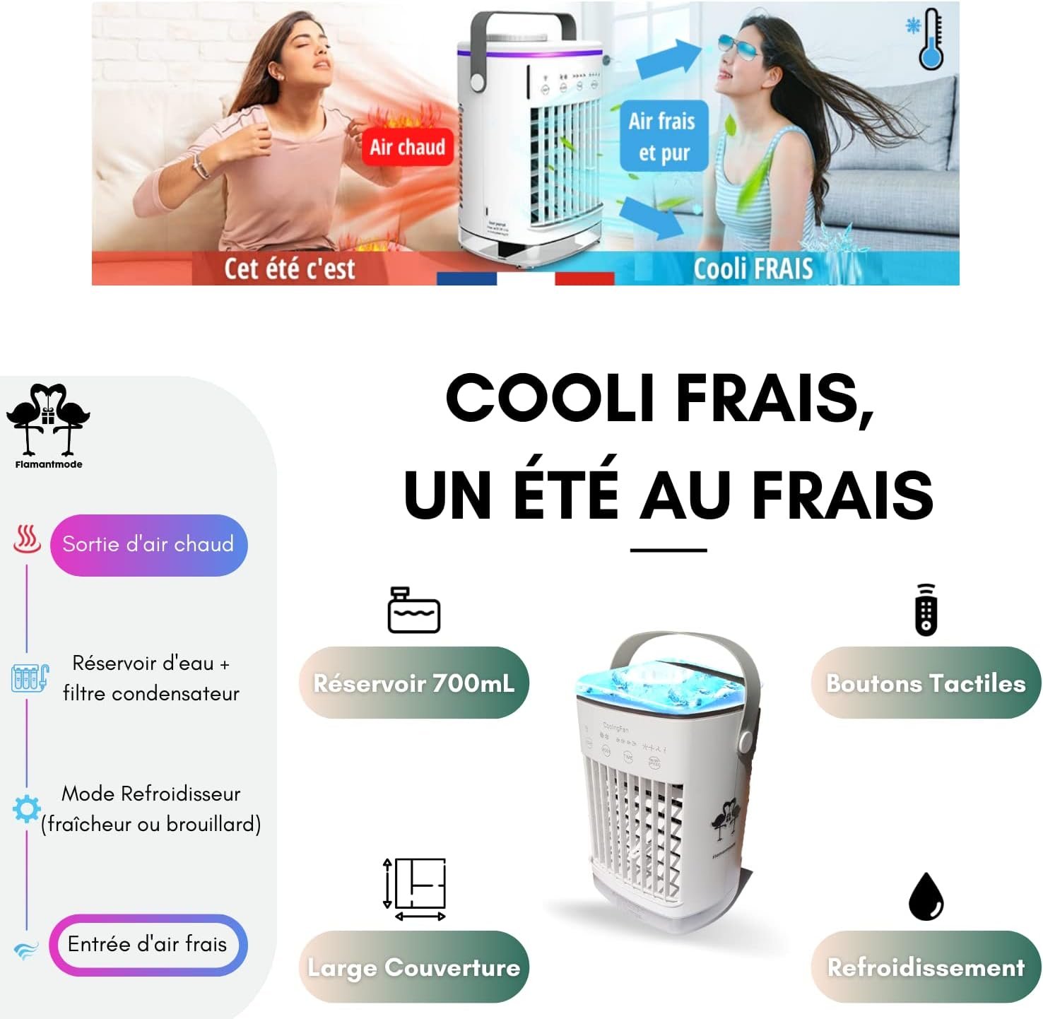 COOLI FRAIS Climatiseur Mobile Sans Evacuation, Clim' Tactile 2024 USB Type-C Portable, Double Reservoir Eau + Glace 700mL, 4 Vitesses / 2 modes de refroidissement (fraîcheur & brouillard), Silencieux – Image 4