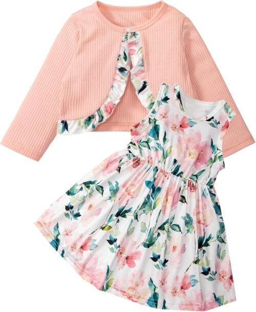Yoolhamy Ensemble Robe et Cardigan pour Bébé Fille Toddler Girl Floral Print Sleeveless Dress and Long Sleeve Coat 2Pcs Outfits