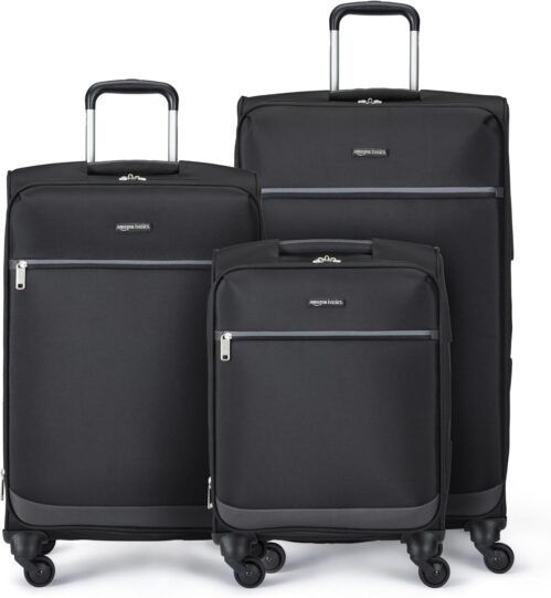 Amazon Basics Ensemble de 3 Valises Souples Extensibles avec 4 Roulettes Pivotantes, 53.5cm, 66cm 74cm, Noir